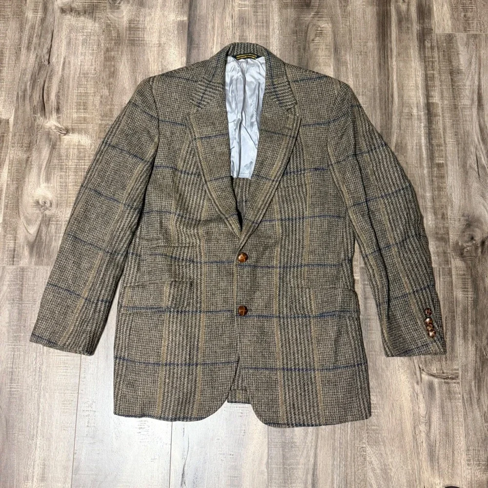 Lands End Charter Collection Mens Brown Plaid Wool Tweed Blazer Sport Coat USA